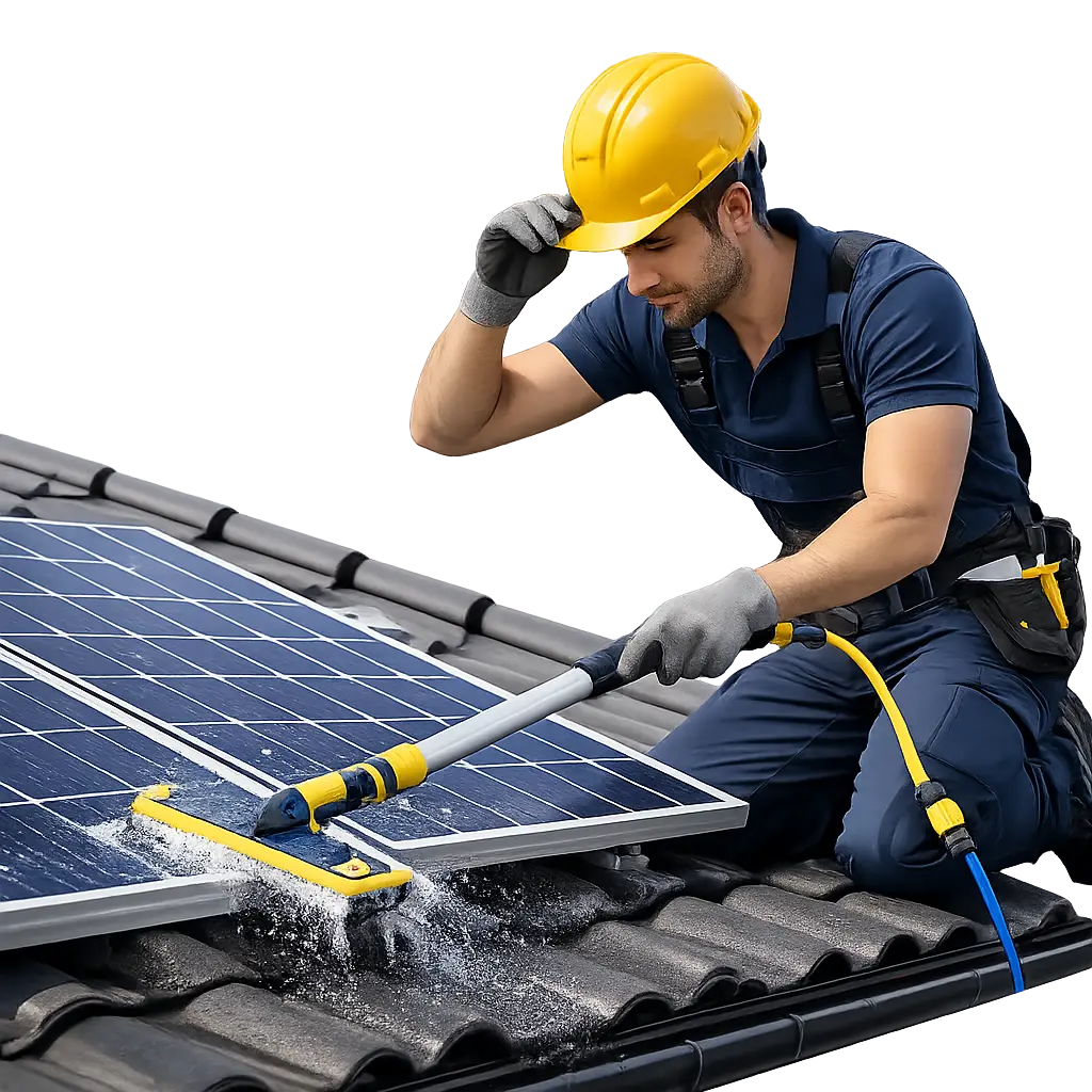 Técnico realizando mantenimiento de paneles solares fotovoltaicos en tejado